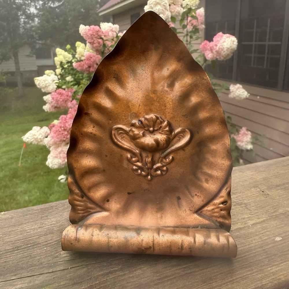 Gregorian Copper Napkin Letter Holder Floral Ornate Leaf Shape 5.25" Vintage